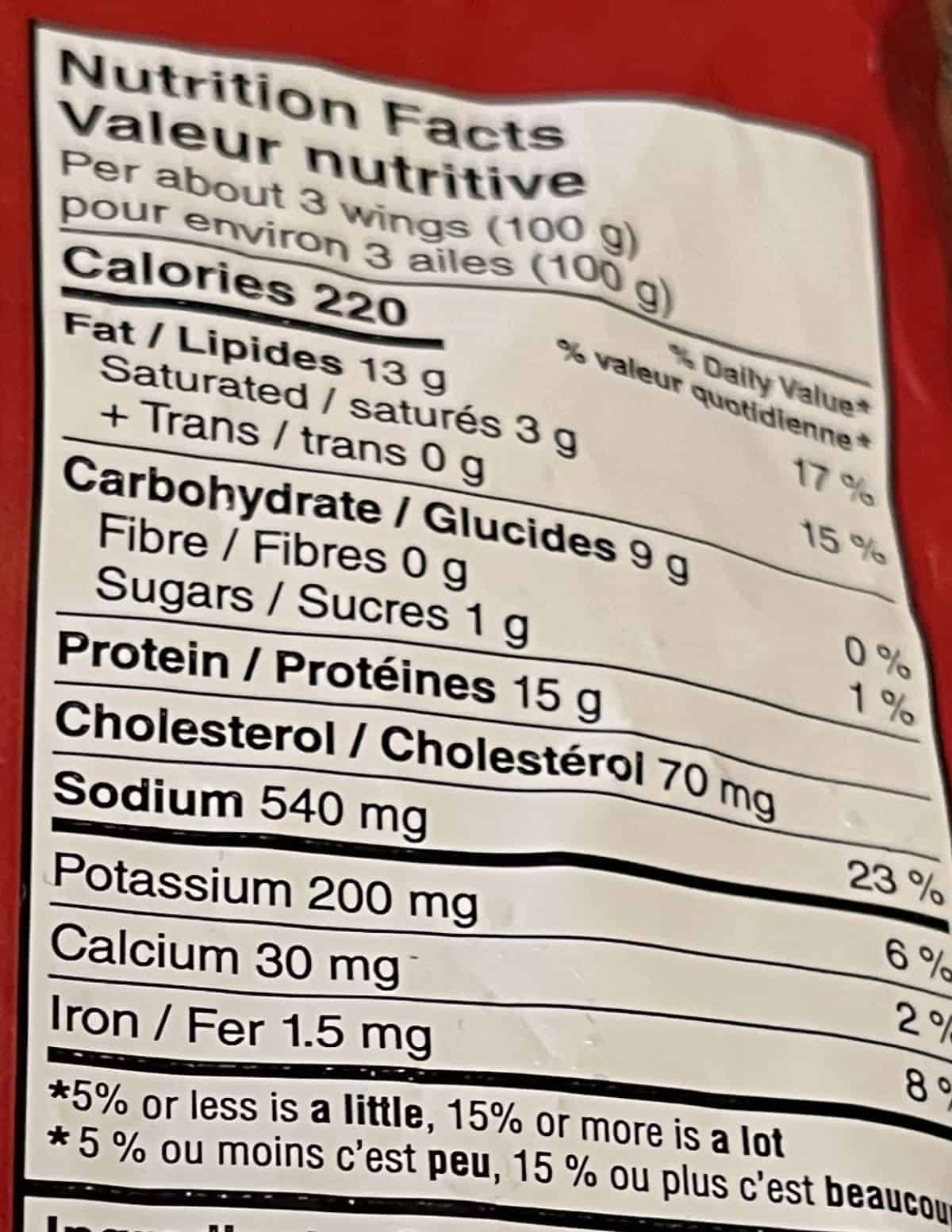 Image of the nutrition facts for the wings from the back of the package.