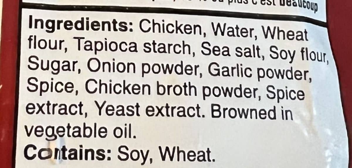 Image of the ingredients list for the wings from the back of the package.