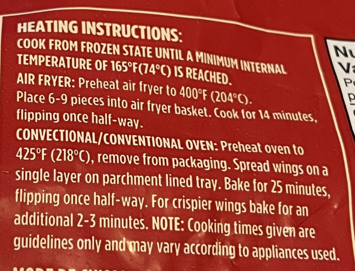 Image of the heating instructions for the chicken wings from the back of the bag.