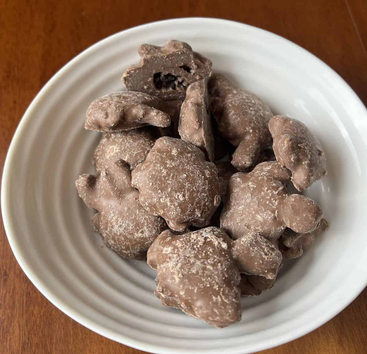 Top down image of a bowl of the Costco Copper Kettle Candy Co. Chocolate Cookie Biscuit Clusters.