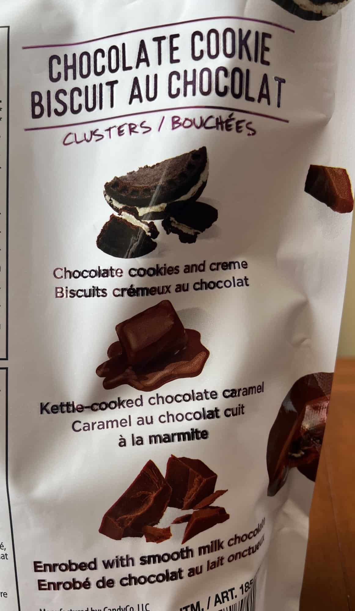 Image of the back of the bag of the chocolate cookie clusters showing what they're made with.