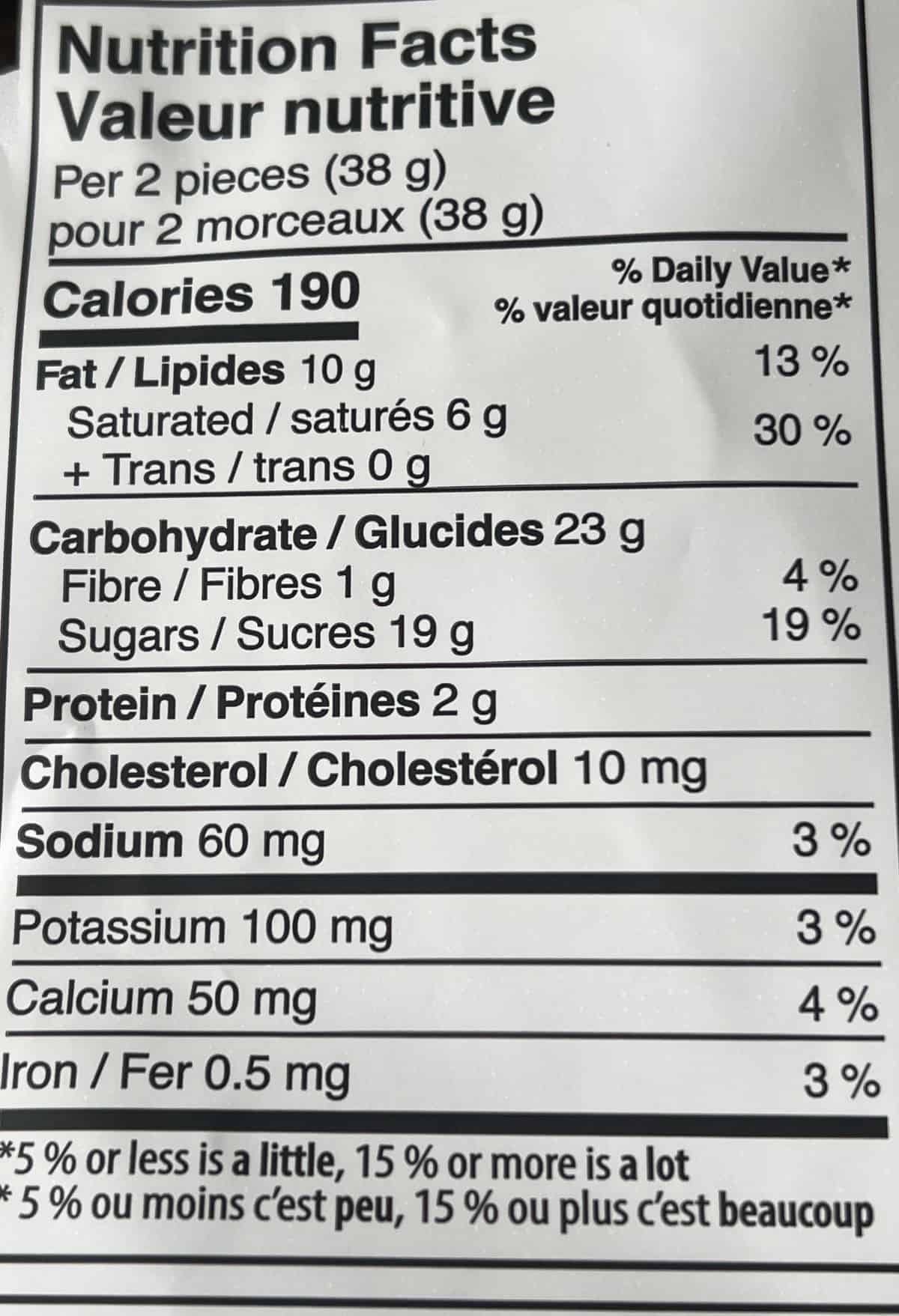 Image of the nutrition facts for the Costco Copper Kettle Candy Co. Chocolate Cookie Biscuit Clusters from the back of the bag.