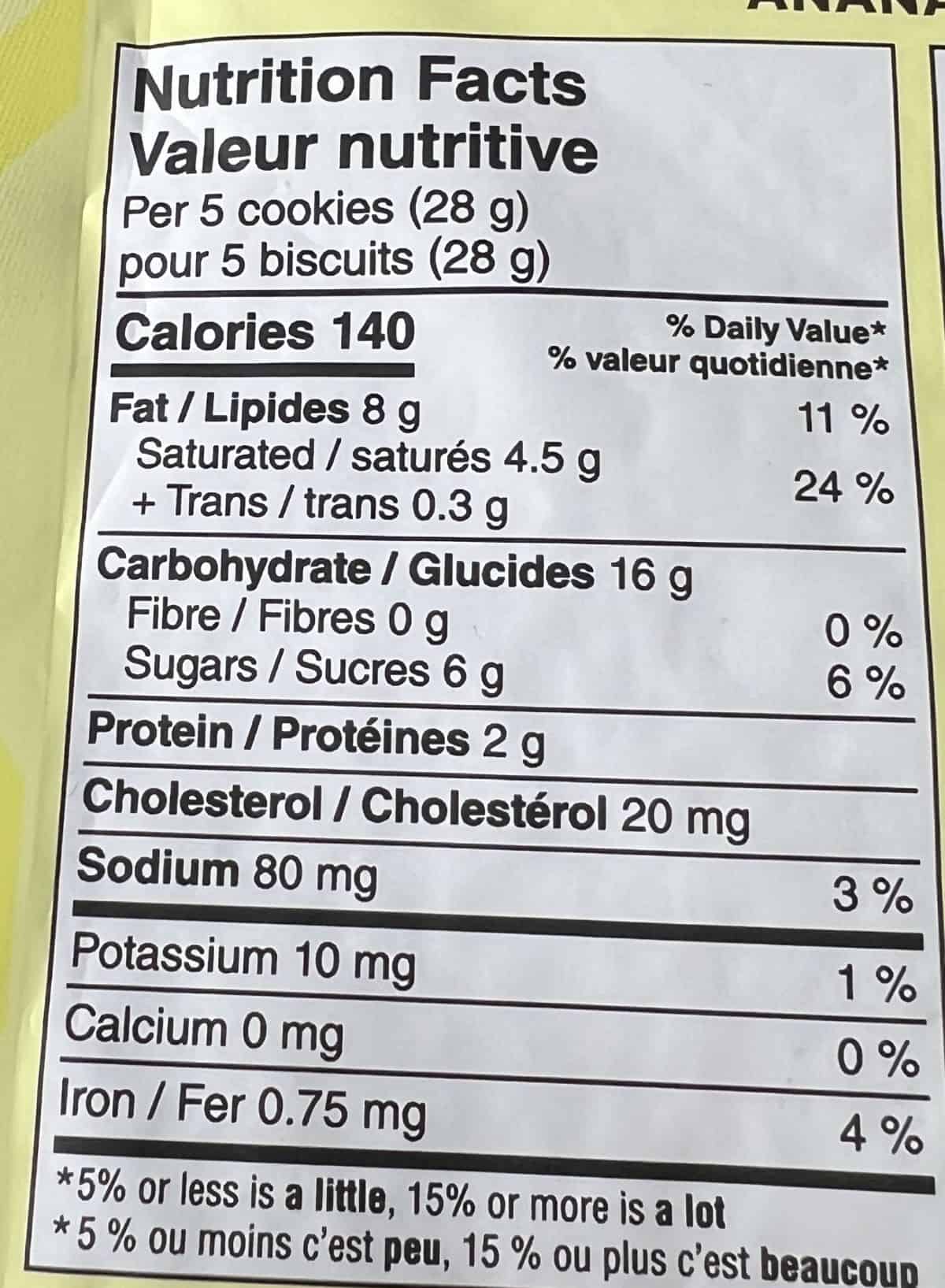 Image of the nutrition facts for the cookies from the back of the bag.