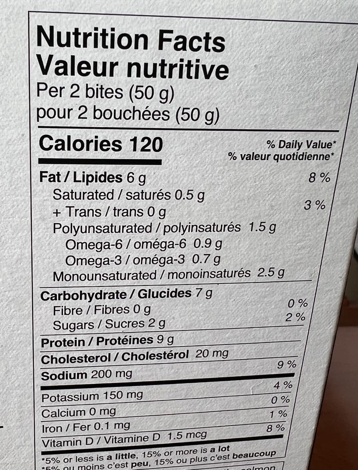 Image of the salmon poke bites nutrition facts from the back of the box.