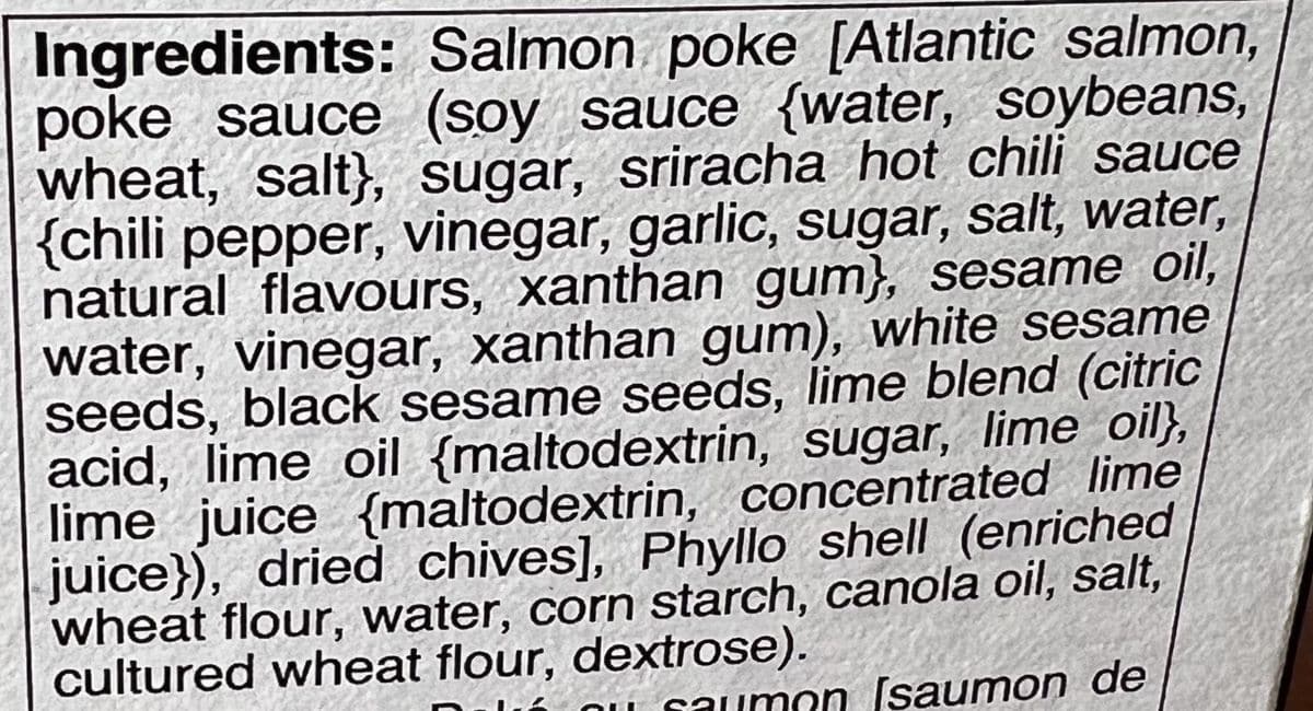 Image of the salmon poke bites ingredients from the back of the box.