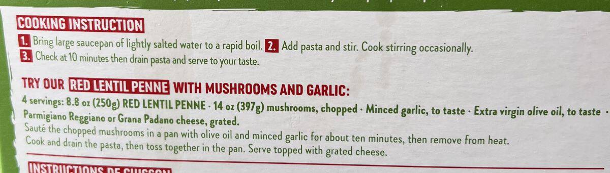 Image of the cooking instructions for the penne from the back of the box.