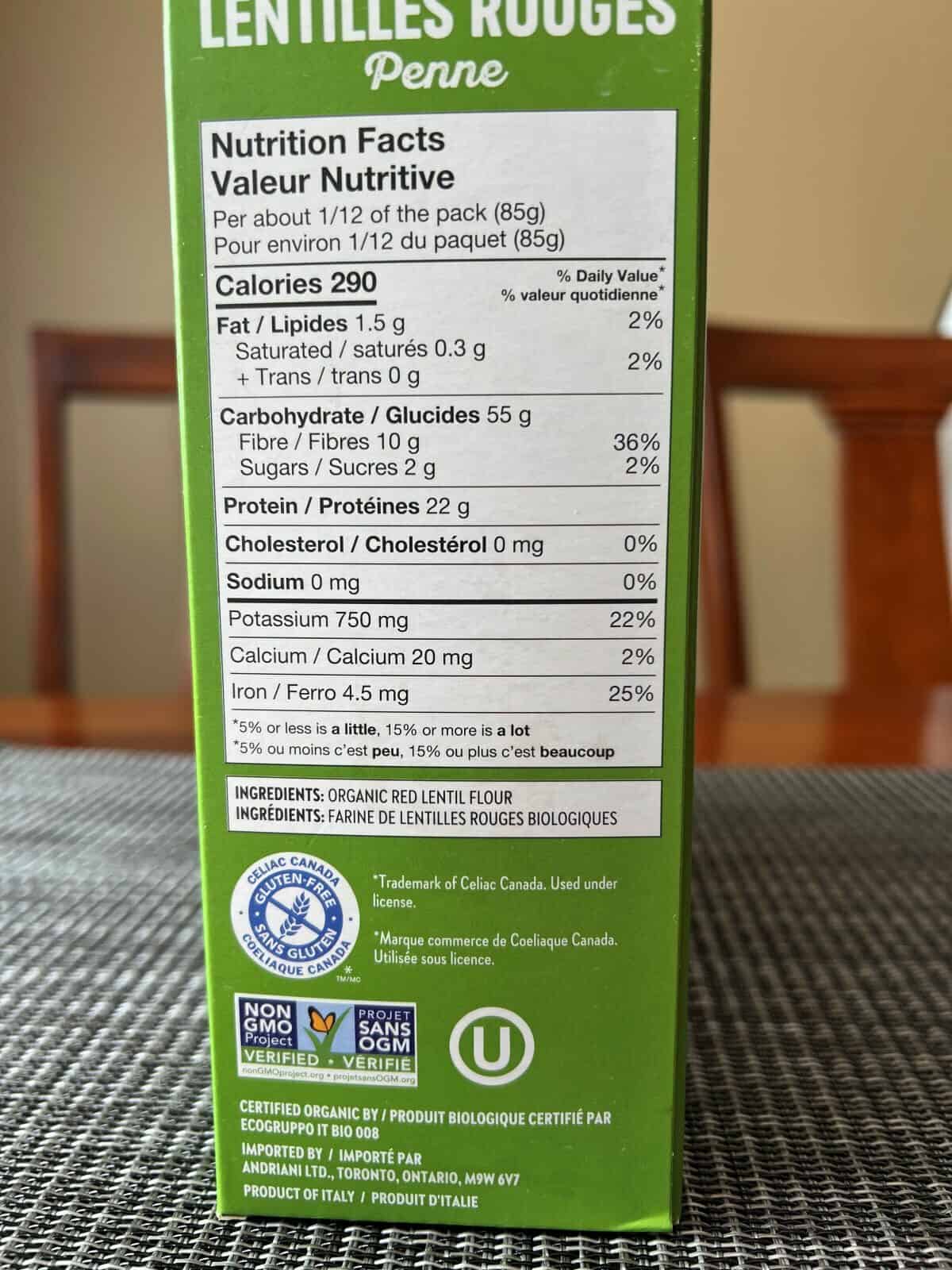 Image of the nutrition facts and ingredients for the penne from the back of the box.