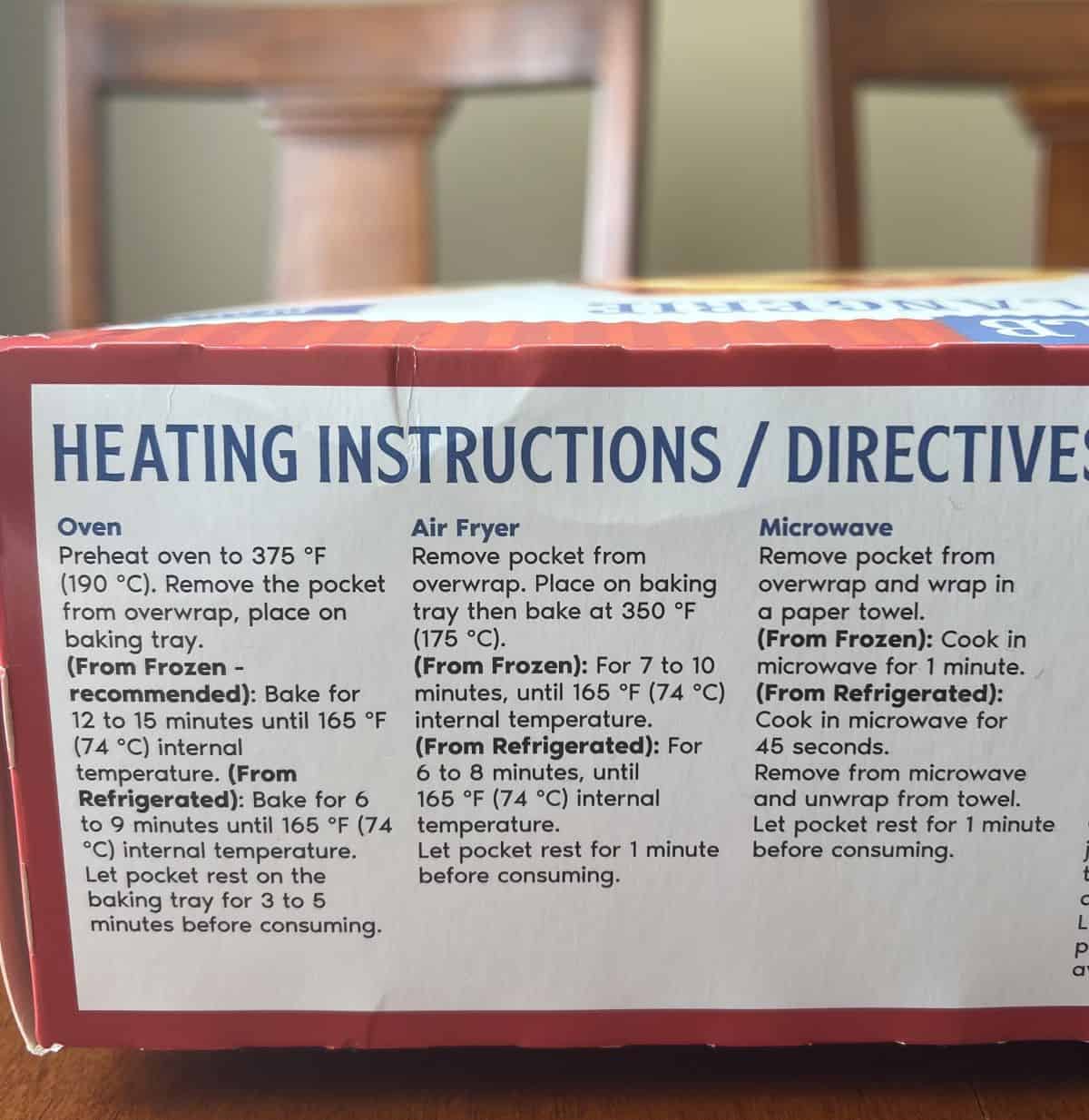 Image of the heating instructions for the ham & swiss cheese pockets from the back of the box.