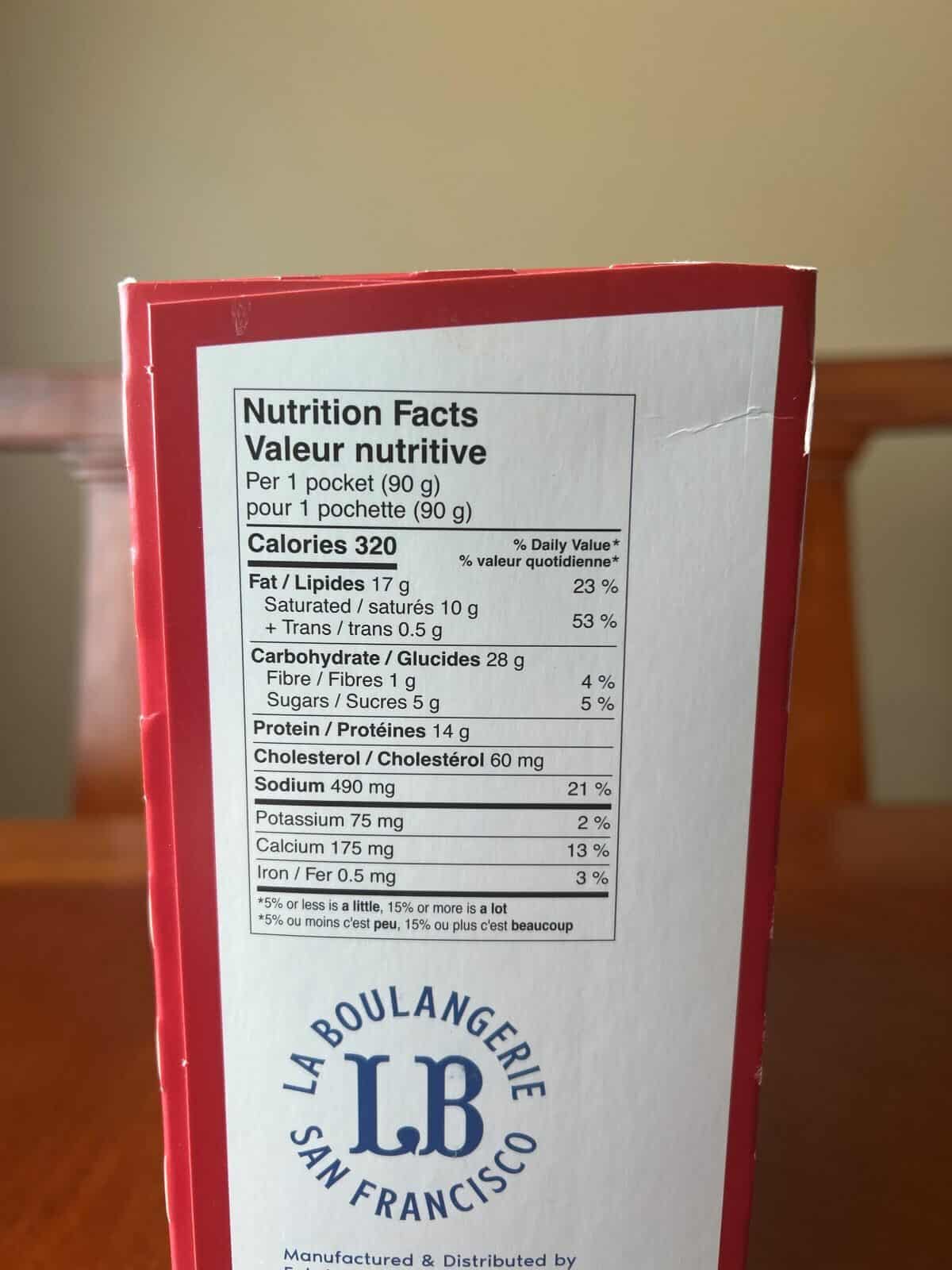 Image of the nutrition facts for the  smoked ham & Swiss cheese pockets from the back of the box.