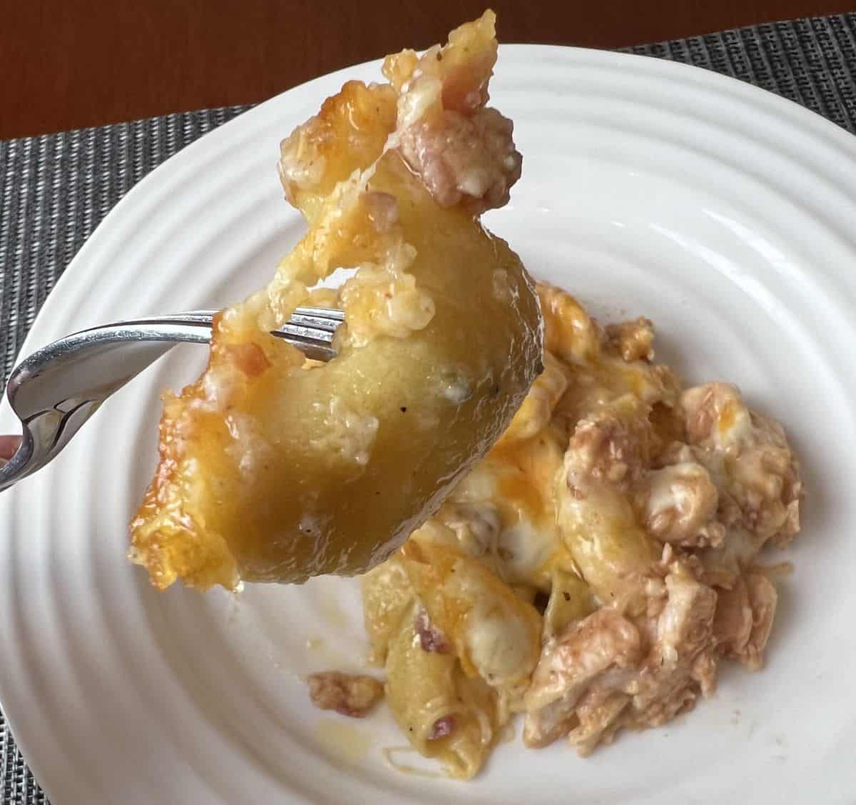 Image of a fork with a bite of macaroni noodle on it hovering over a plate of chicken and bacon mac and cheese.