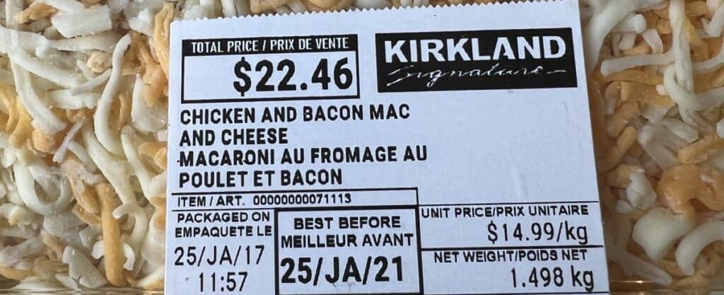 Closeup image of the front label from the mac and cheese showing cost and expiry date.