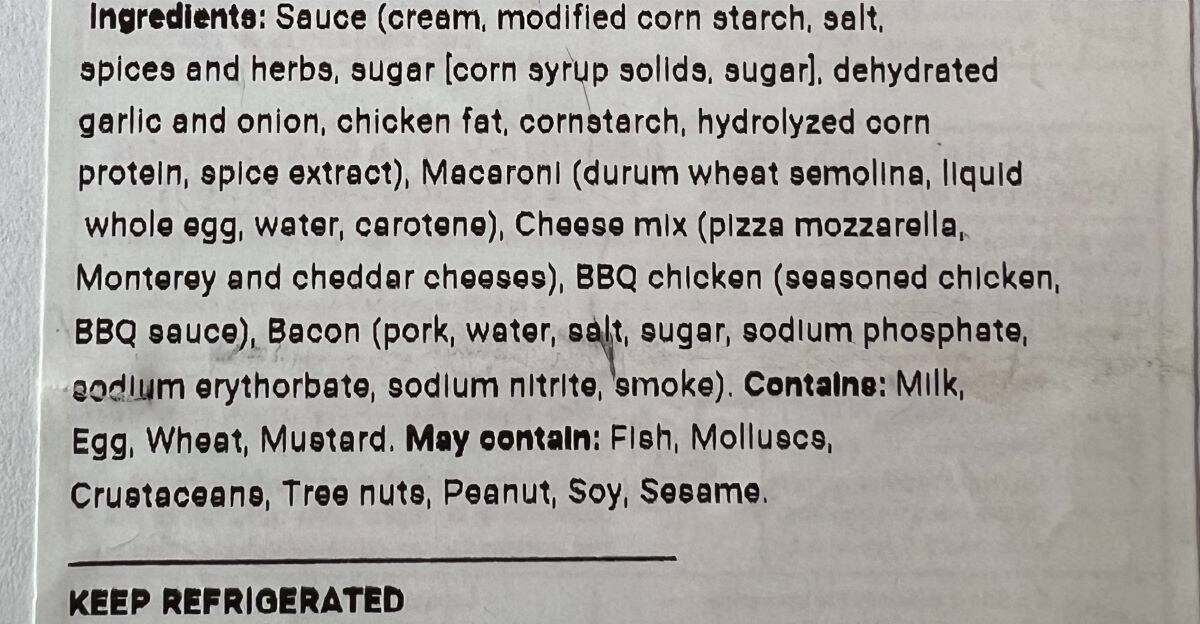 Image of the ingredients list for the chicken and bacon mac and cheese from the front label.