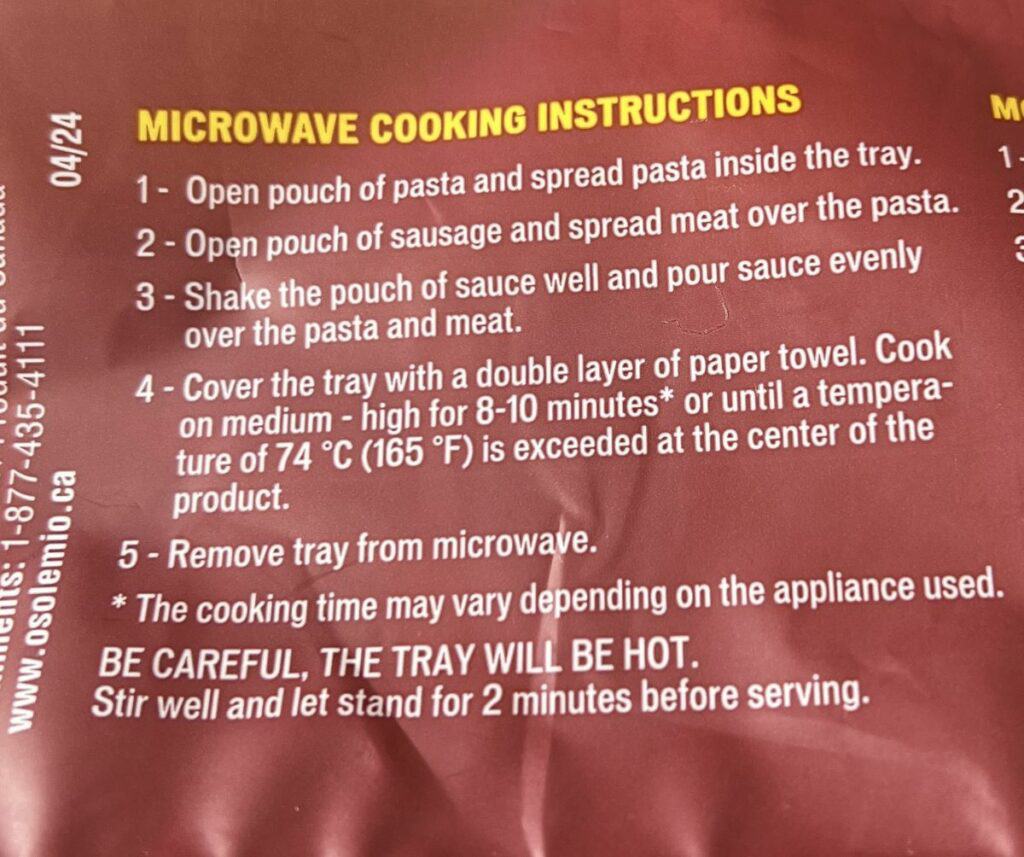 Image of the cooking instructions for the pasta from the back of the package. 