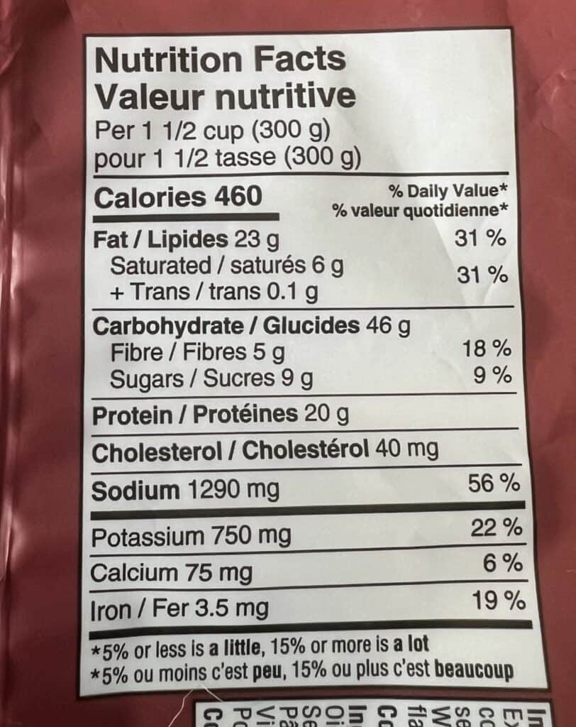 Image of the nutrition facts for the pasta meal from the back of the package. 