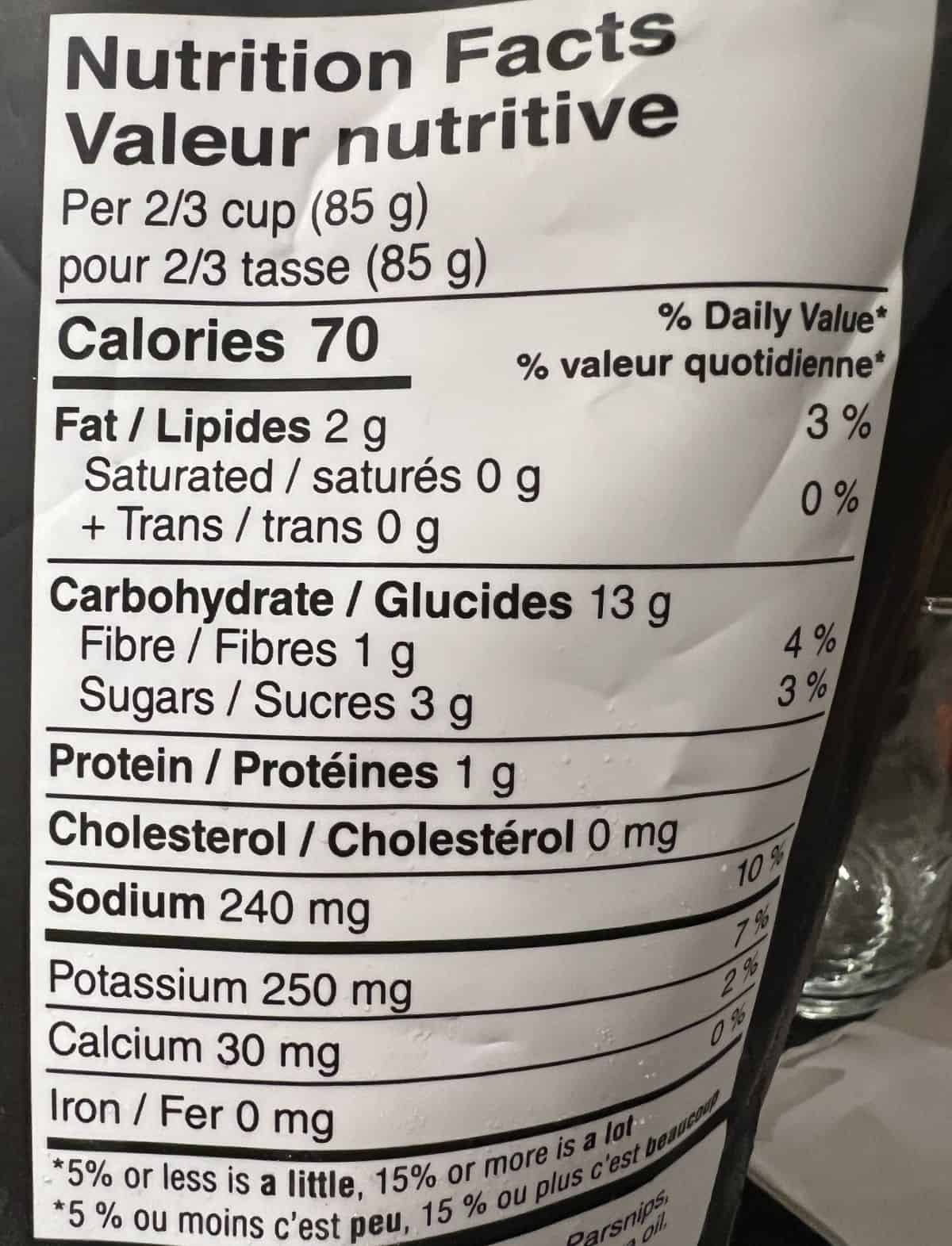 Image of the nutrition facts for the root vegetables from the back of the bag.