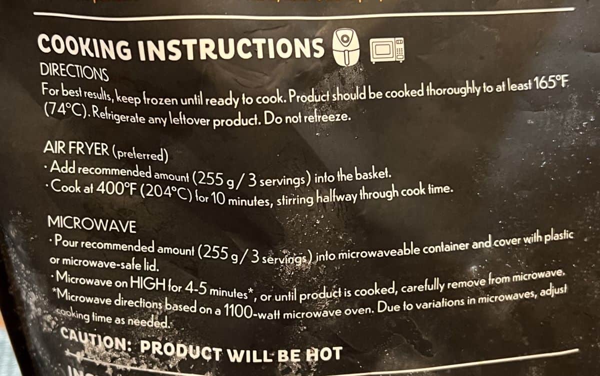 Image of the cooking instructions for the root vegetables from the back of the bag. 