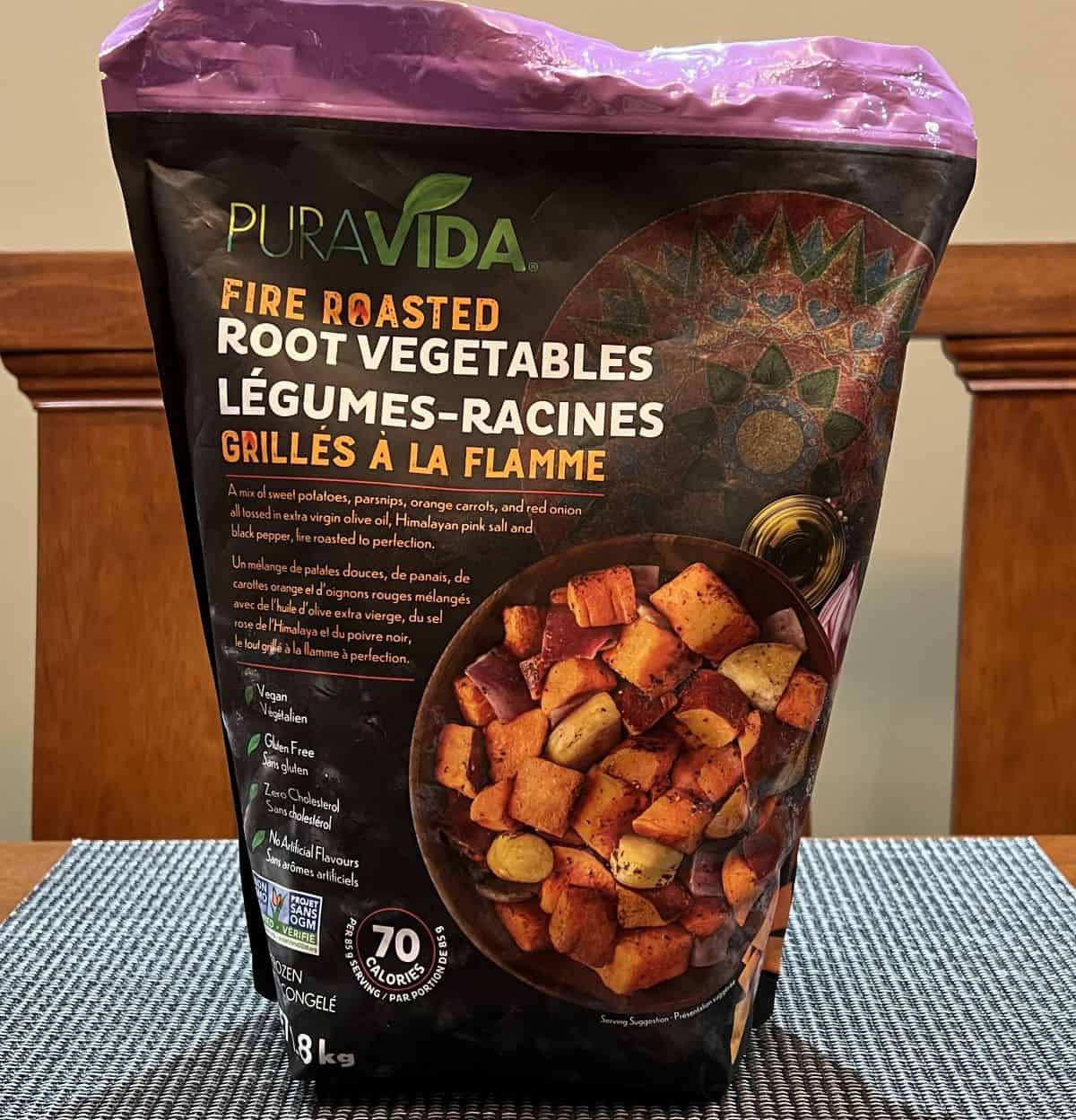 Image of the Costco Puravida Fire Roasted Root Vegetables bag sitting on a table unopened.