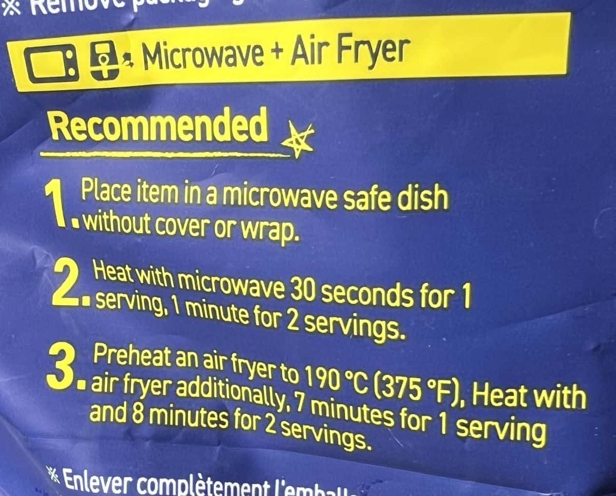 Image of the microwave and air fryer cooking instructions from the bag.