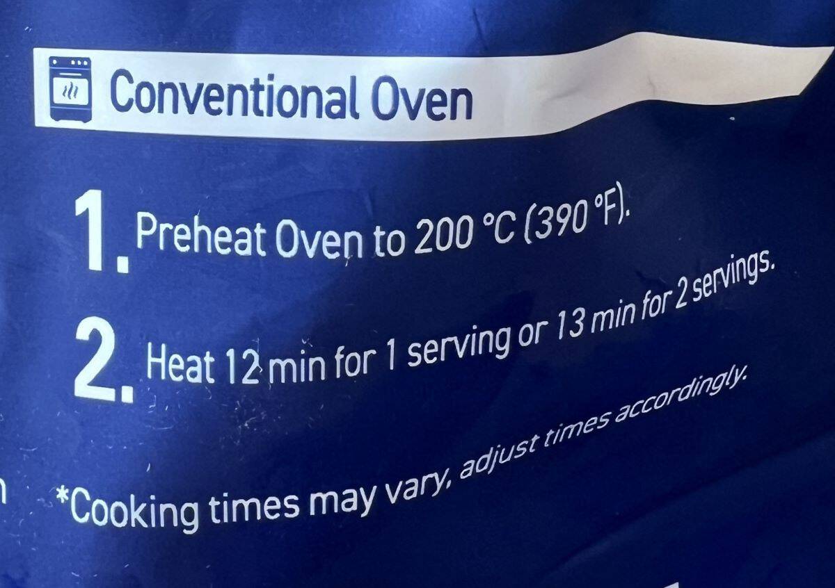 Image of the conventional oven cooking instructions from the bag.