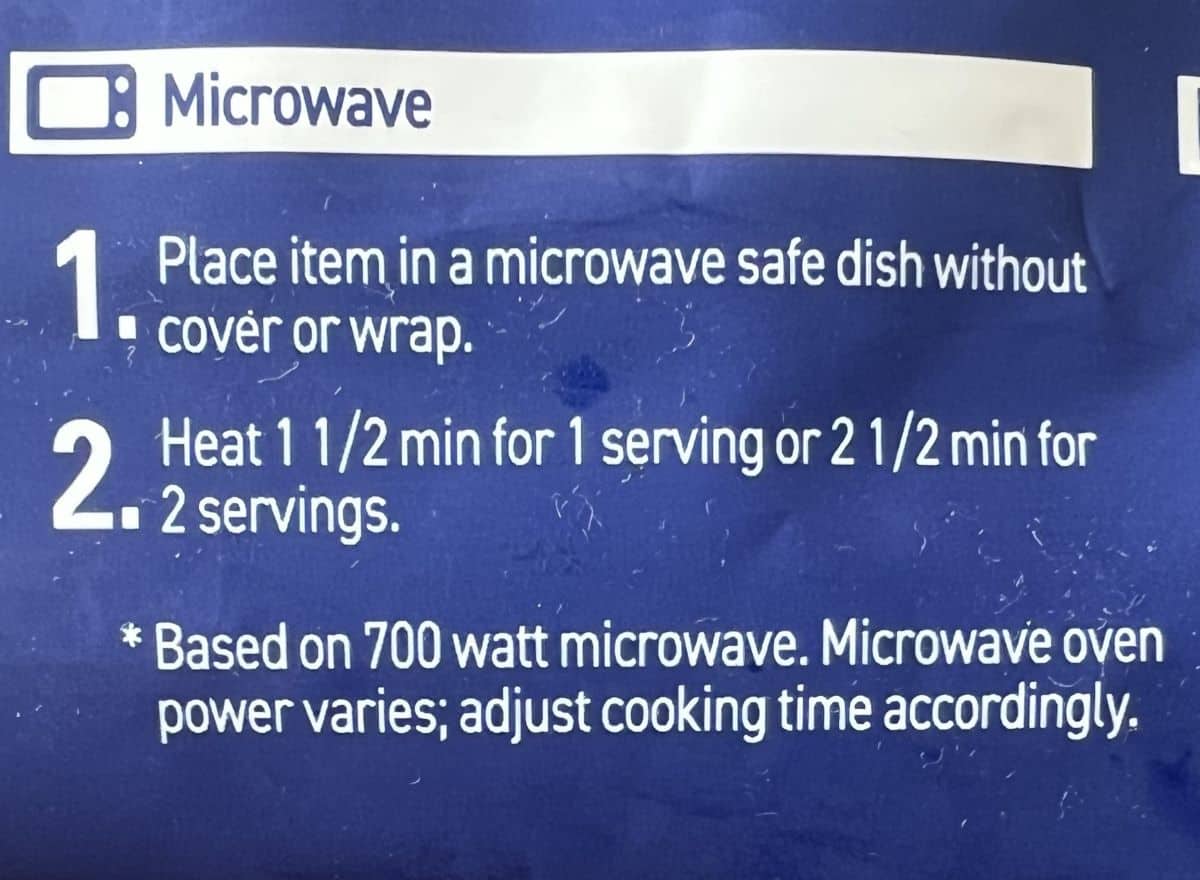 Image of the microwave cooking instructions from the bag.