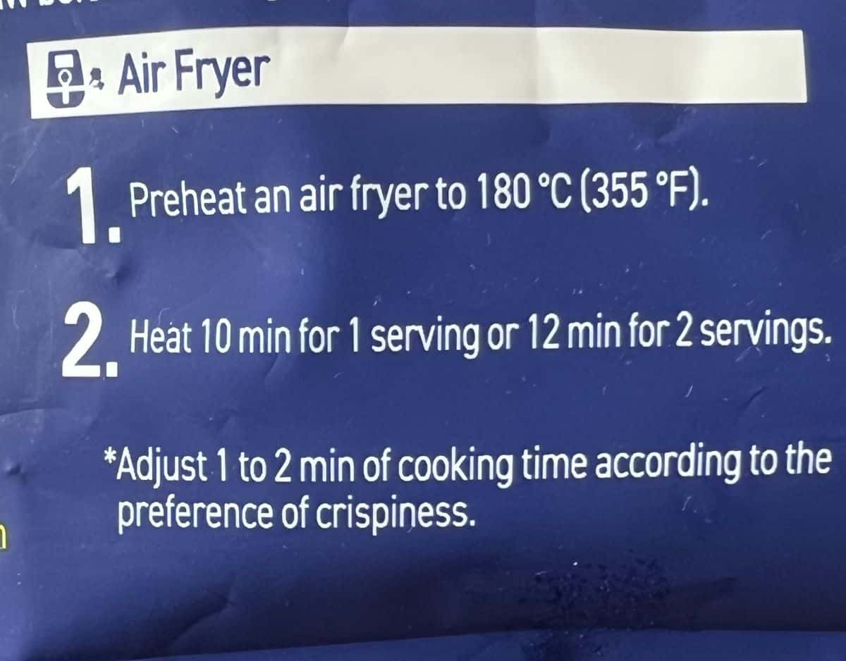 Image of the air fryer cooking instructions from the bag.