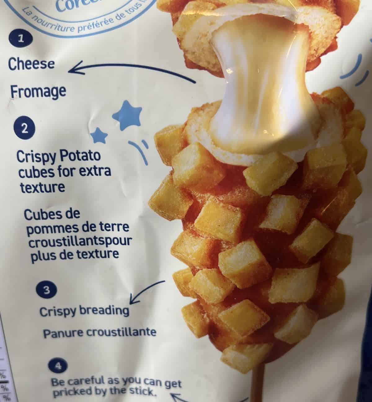 Image of the product description  for the crispy potato corn dogs photo from the bag. 