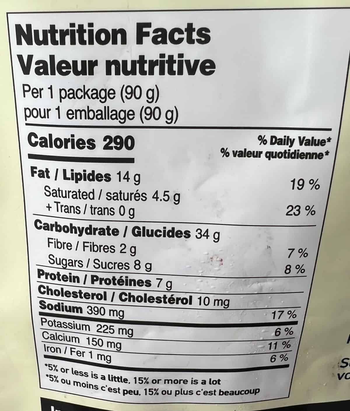 Image of the nutrition facts for the crispy potato corn dogs from the back of the bag.