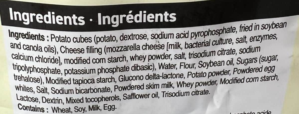 Image of the ingredients for the crispy potato corn dogs from the back of the bag.