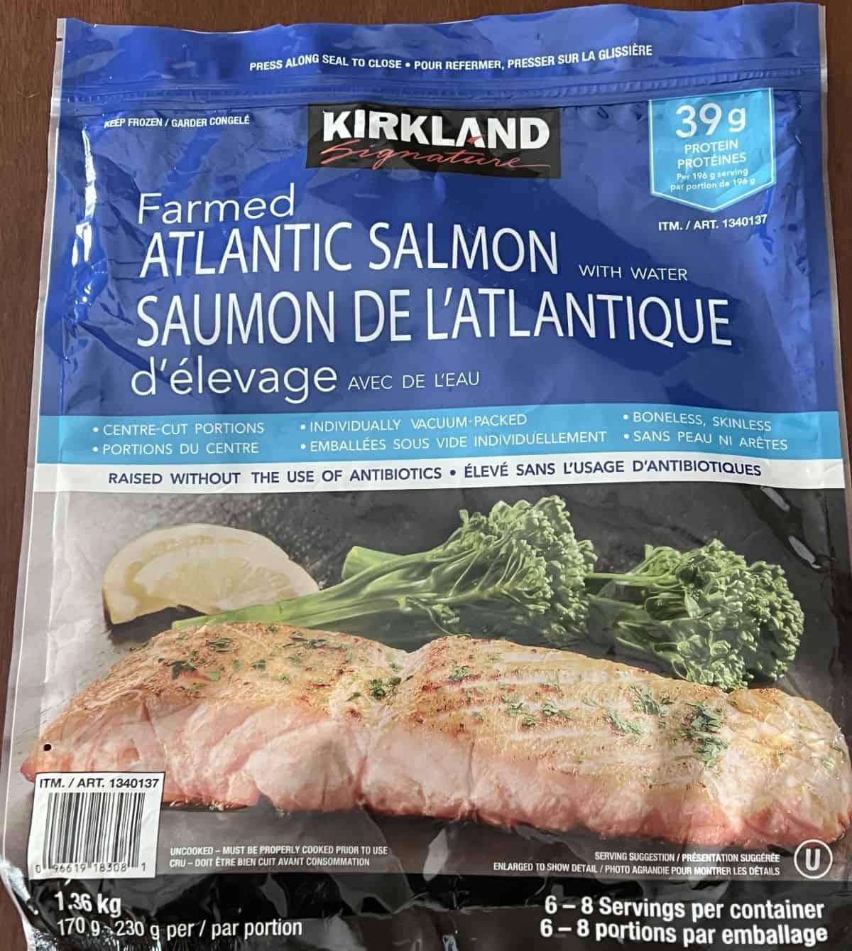 Closeup image of the front of the bag of salmon showing how many come in the bag, the product description and weight of the bag.