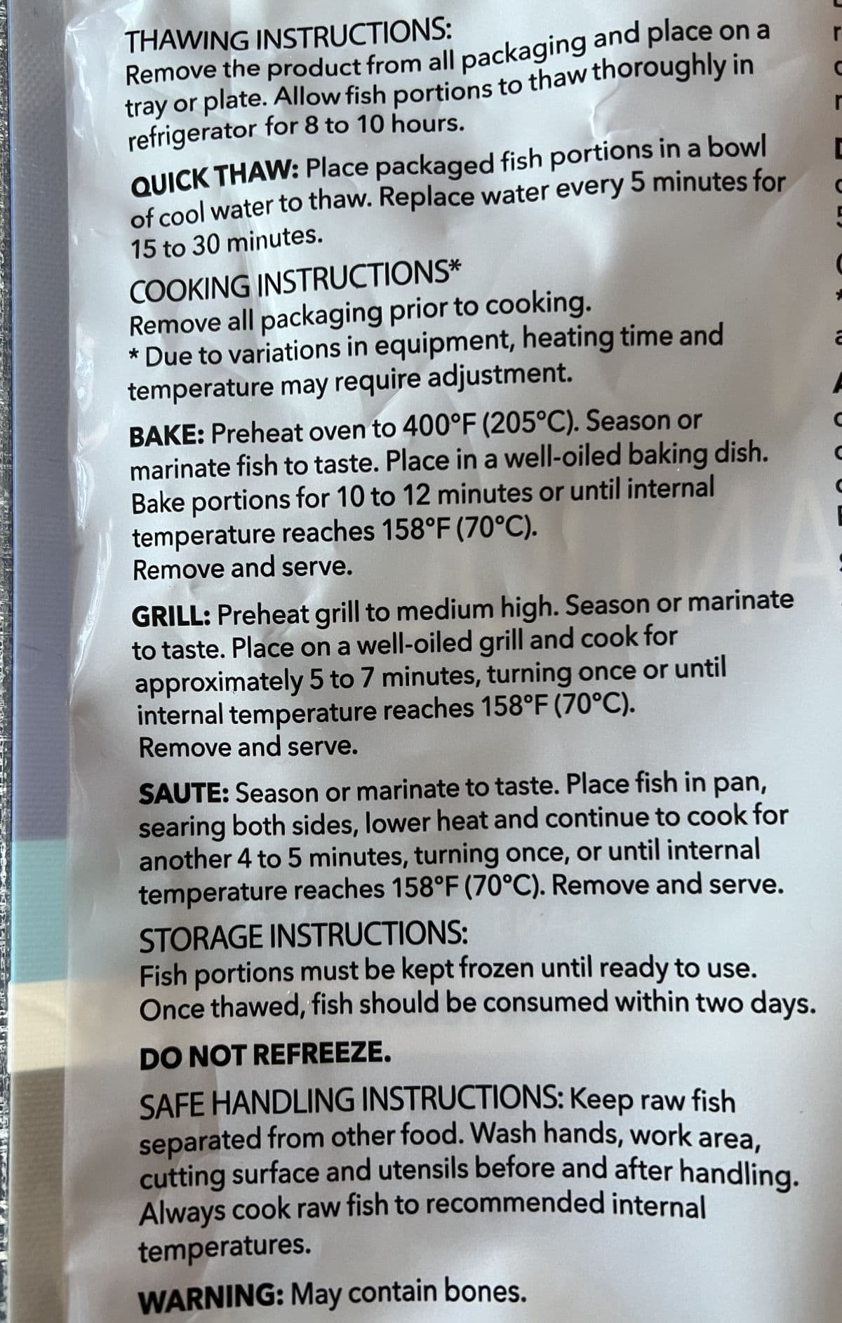 Image of the cooking and thawing instructions for the salmon from the back of the bag. 