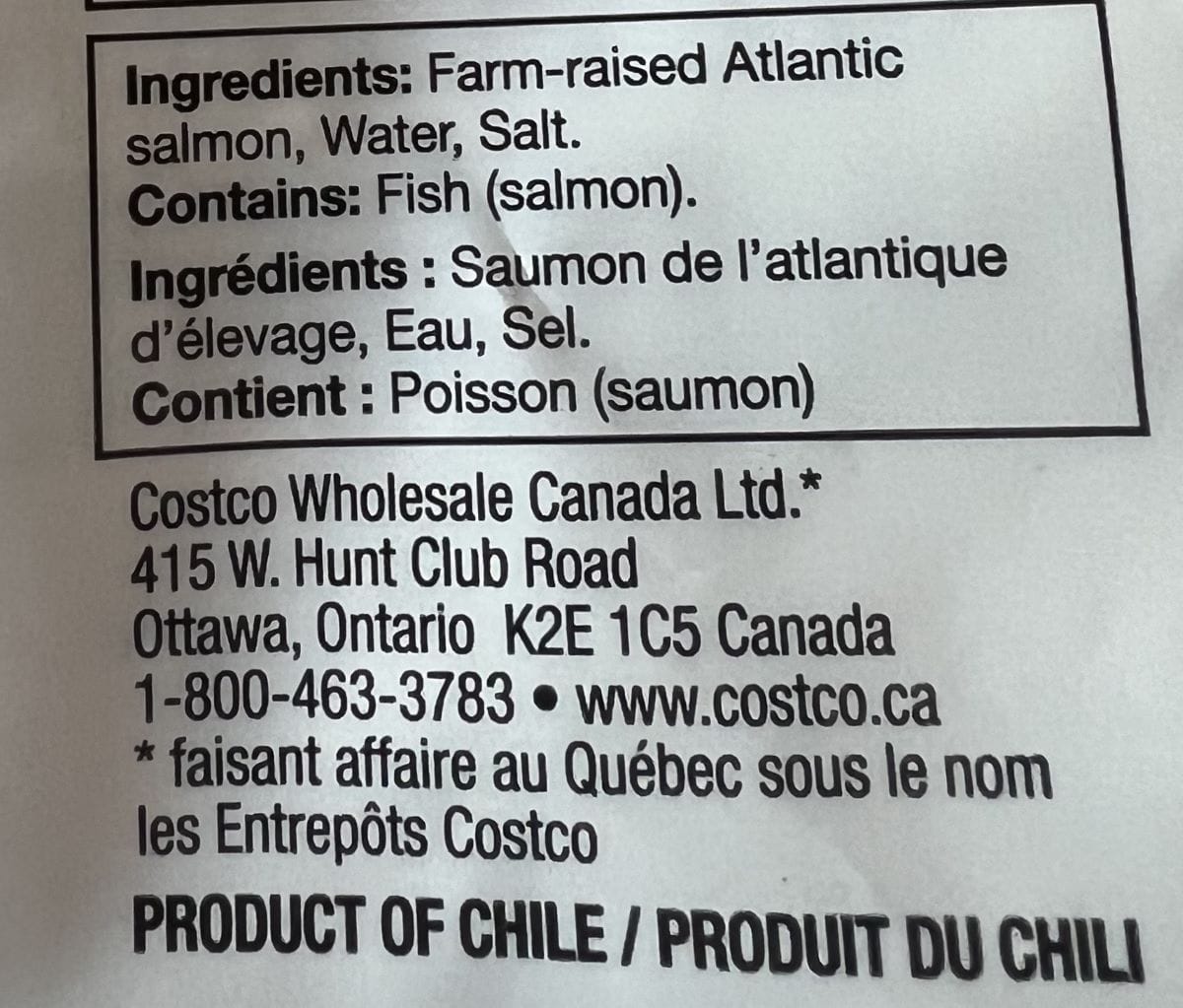 Image of the ingredients for the salmon from the back of the bag.