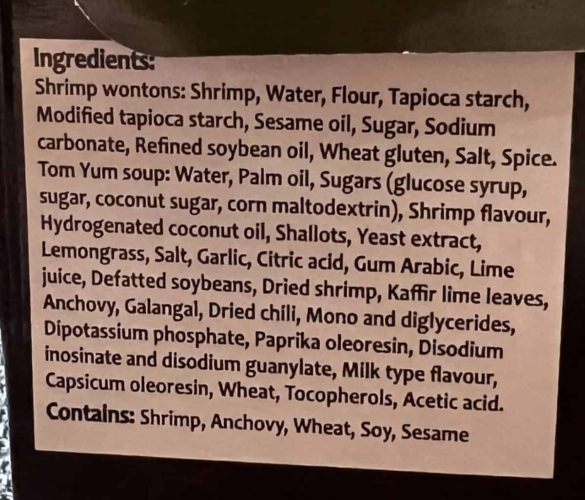 Image of the ingredients for the wonton soup from the back of the box.