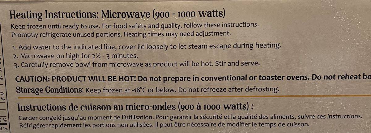 Image of the heating instructions for the soup from the back of the box.