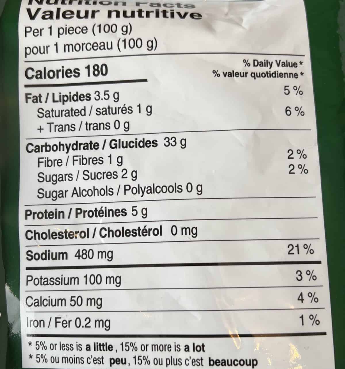 Image of the nutrition facts for the rice balls from the back of the bag.