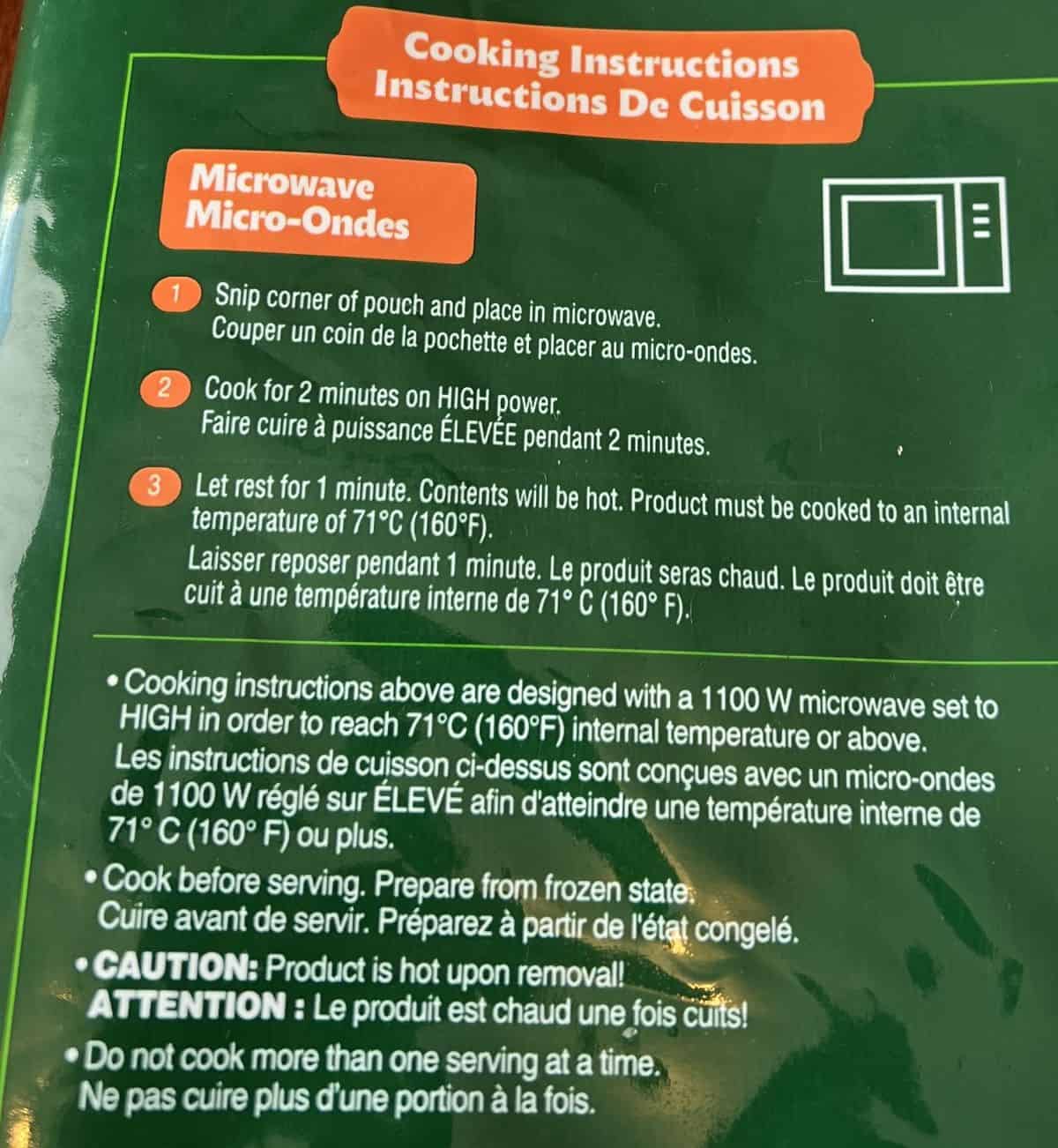 Image of the cooking instructions for the rice balls from the back of the bag.