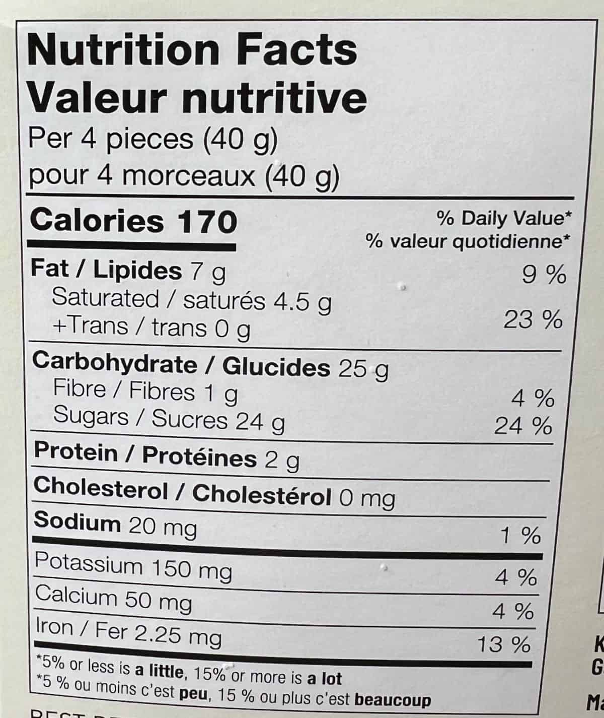 Image of the Petit Melo nutrition facts from the back of the box.