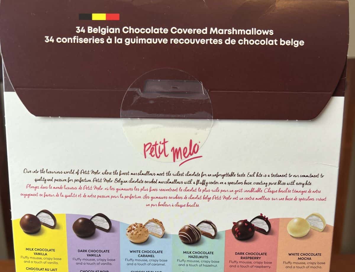 Image of the back of the box of the Petit Melo showing the company/product description and showing all the flavors in the box.