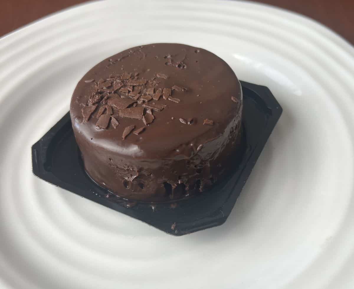 Image of one chocolate mousse dessert served on a white plate.