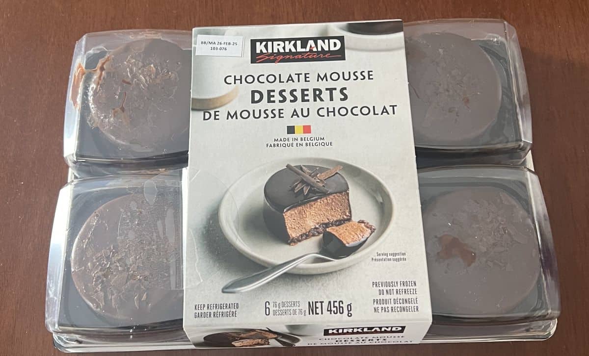 Image of the Costco Kirkland Signature Chocolate Mousse Desserts package sitting on a table unopened.