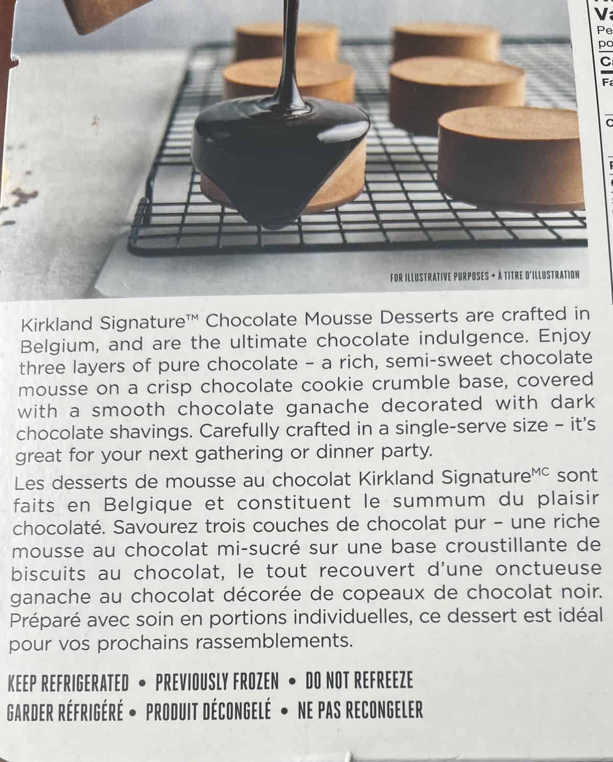 Image of the product description for the chocolate mousse desserts from the box.