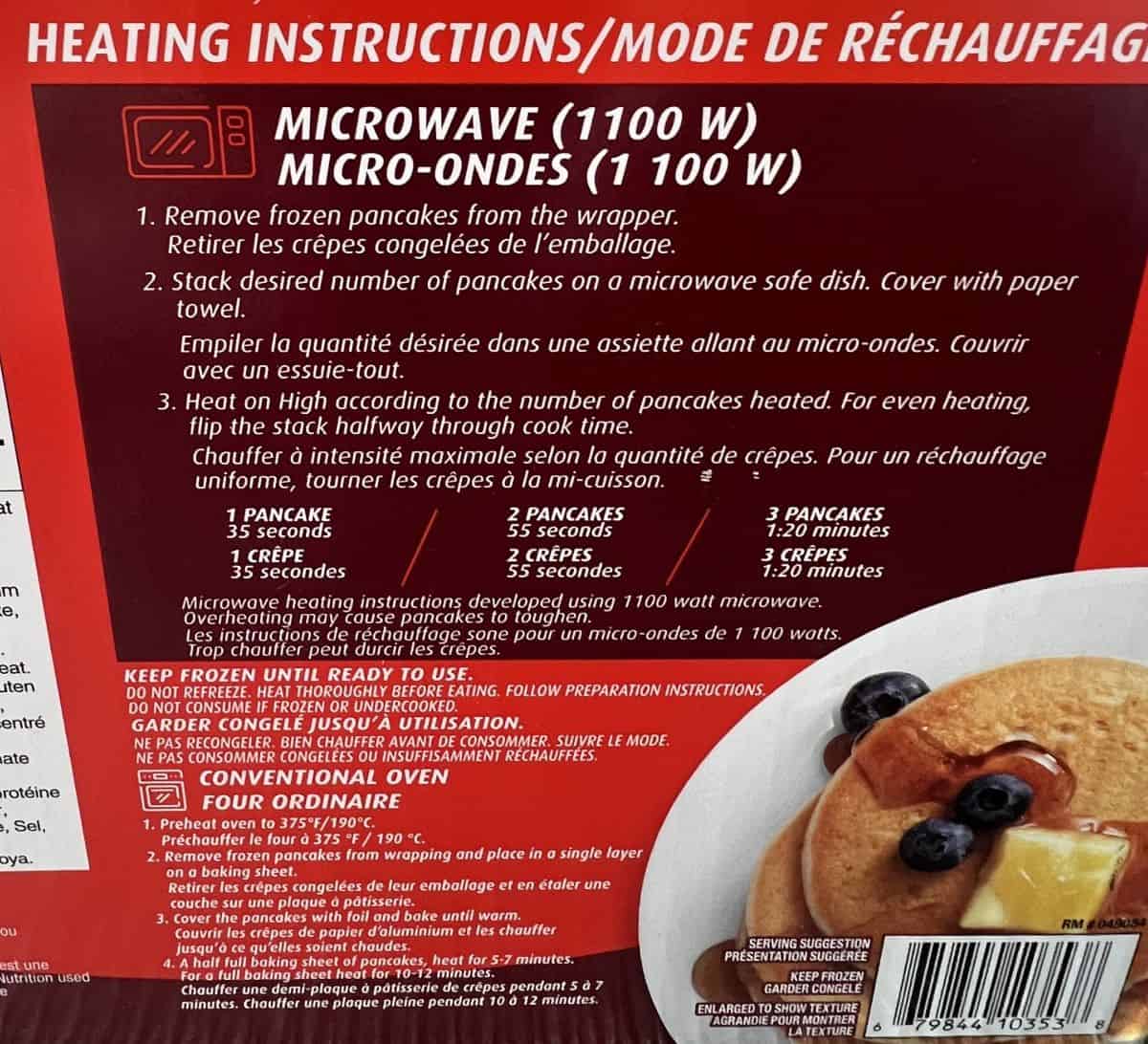 Image of the microwave heating instructions for the pancakes from the back of the box.