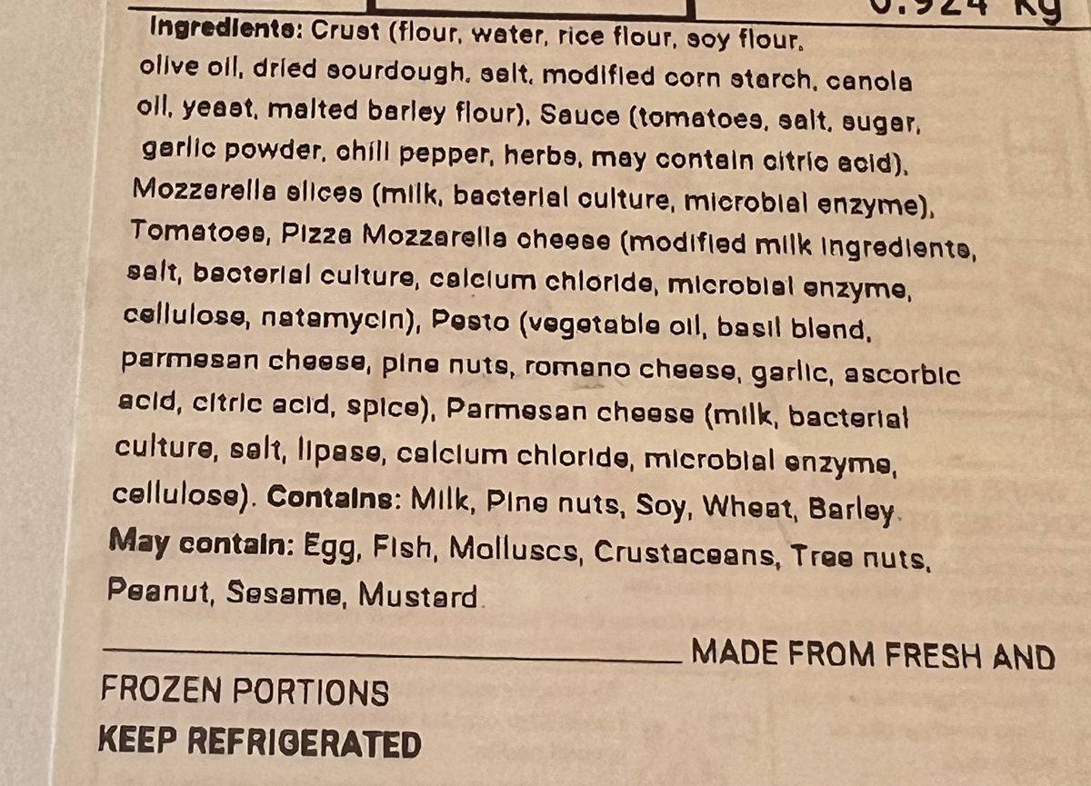 Image of the ingredients label for the Margherita Pinsa from Costco.