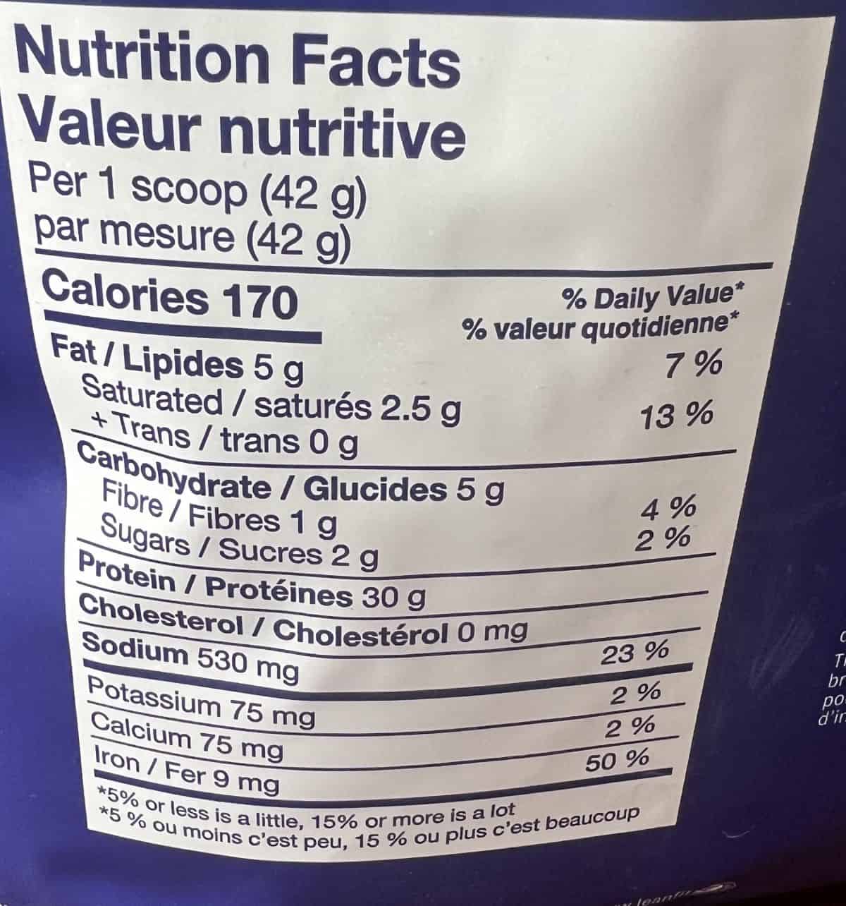 Image of the nutrition facts for the protein from the back of the bag. 