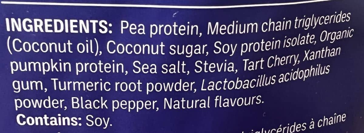 Image of the ingredients list for the protein powder from the back of the bag.