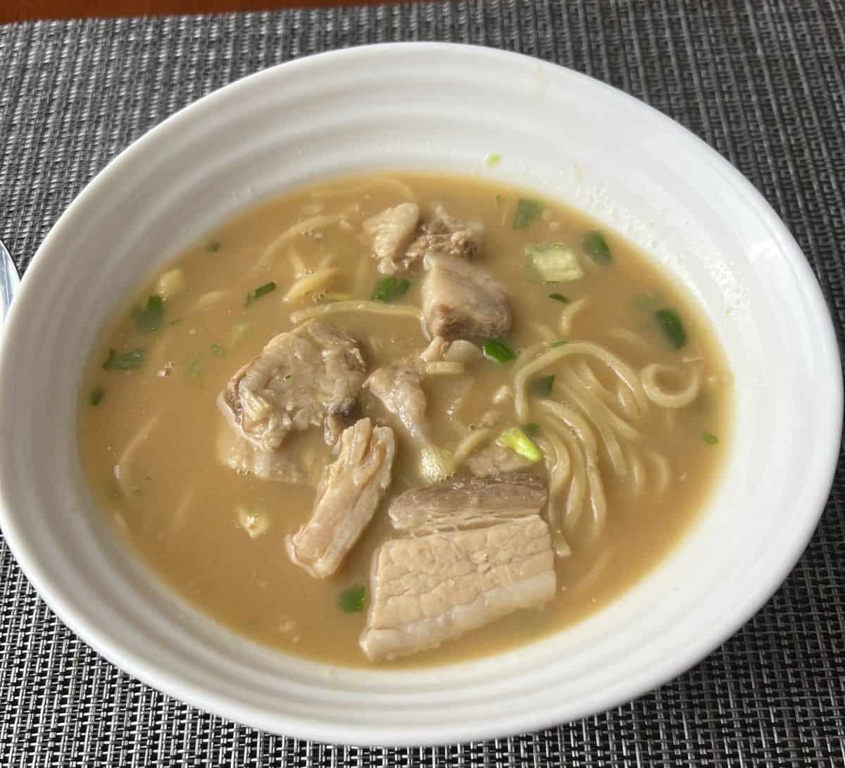 Closeup top down image of a bowl of ramen.