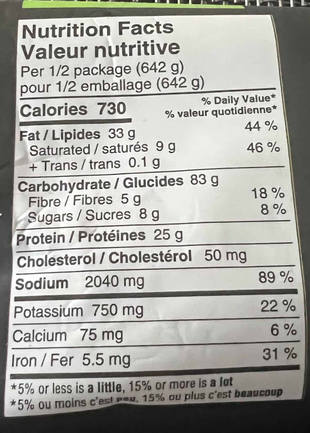 Image of the nutrition facts for the ramen from the back of the package.