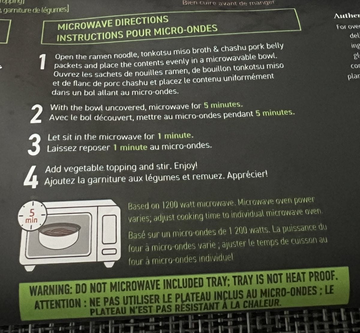 Image of the microwave cooking directions for the ramen from the package.