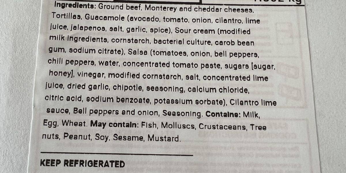 Image of the ingredients list for the quesadillas from the package.