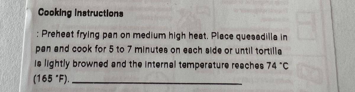 Image of the cooking instructions for the quesadillas from the package.