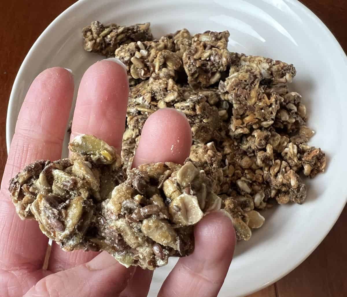 Image of a hand holding a few clusters hovering over a white bowl with clusters in it. 